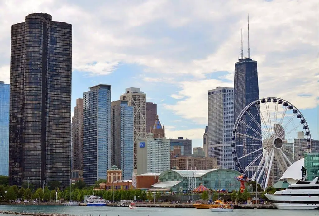 view of Chicago Illinois pier and city from the water